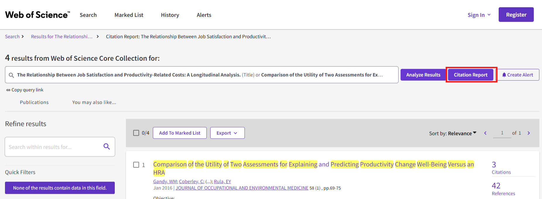  Screenshot of search in Web of Science - citation repor