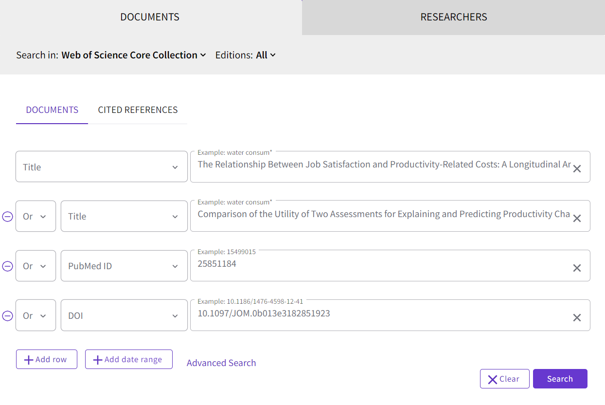 Screenshot of search in Web of Science