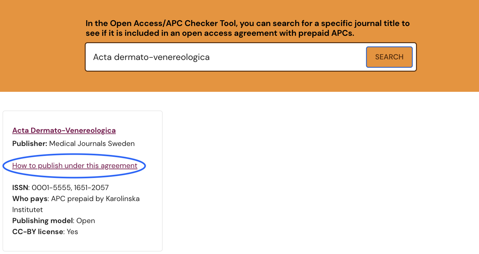 Screenshot of Open Acces/APC Checker Tool