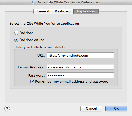Endnote Cite While You Write Preferences skärmdump