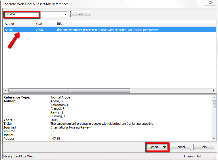 Endnote Web Find & Insert My References screenshot