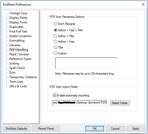 Endnote Preferences screenshot