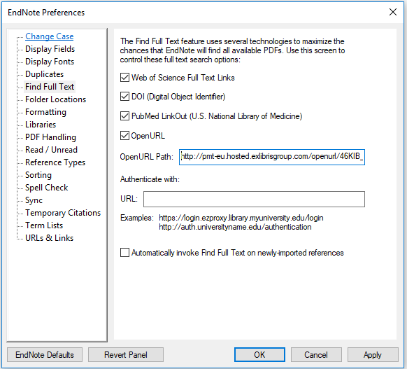 Endnote Preferences screenshot