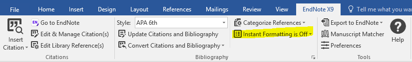 Endnote Instant formatting screenshot