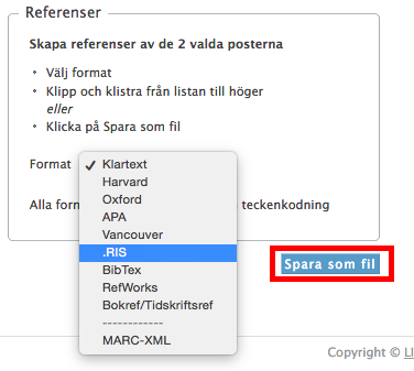 Skapa referenser i Libris skärmdump