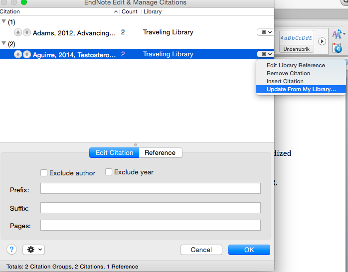 Word manage references Update from My Library... screenshot