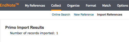 Primo import result screenshot