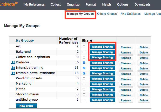 Manage sharing in Endnote Online