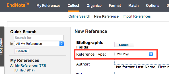 Endnote Online Reference Type Web Page screenshot