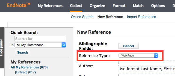 Endnote Online Reference Type Web Page skärmdump