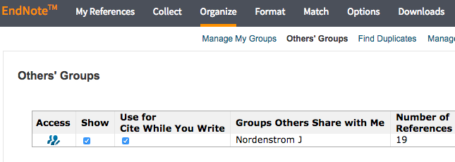 Endnote Online shared groups of references screenshot