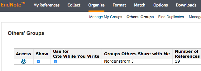 Endnote Online shared groups of references skärmdump