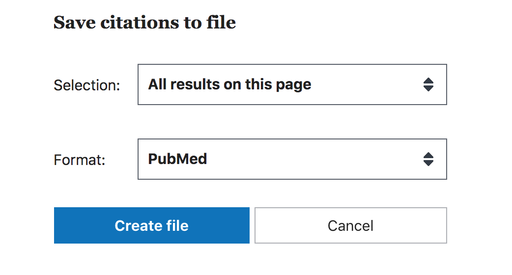 Hantera referenser i Pubmed med Save-knappen, välj Format: PubMed