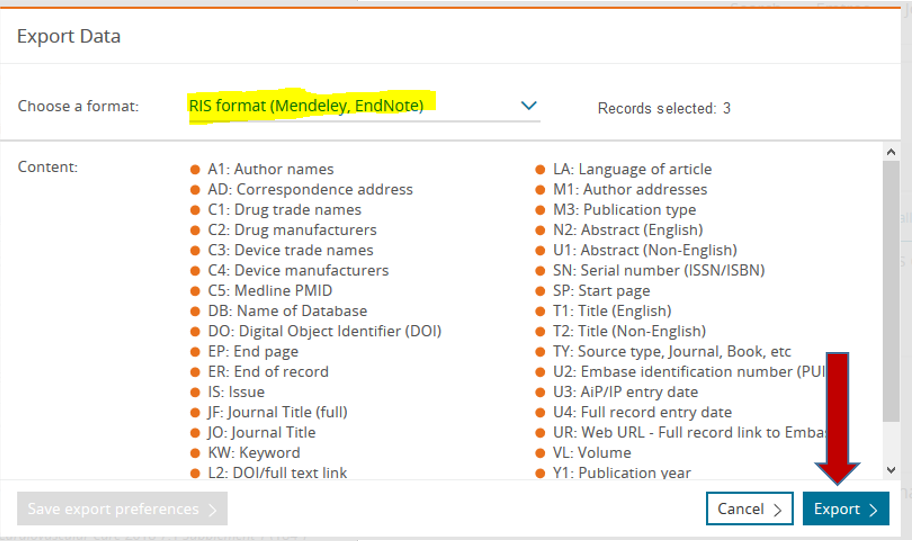 Embase RIS format (Endnote) screenshot