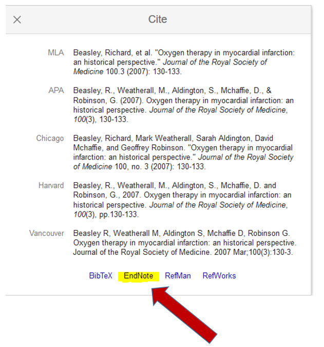 Google Scholar Endnote screenshot