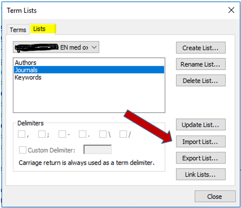 Endnote Journal titles screenshot