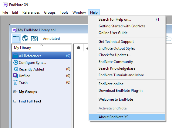 Screenshot of the menu inside EndNote for PC