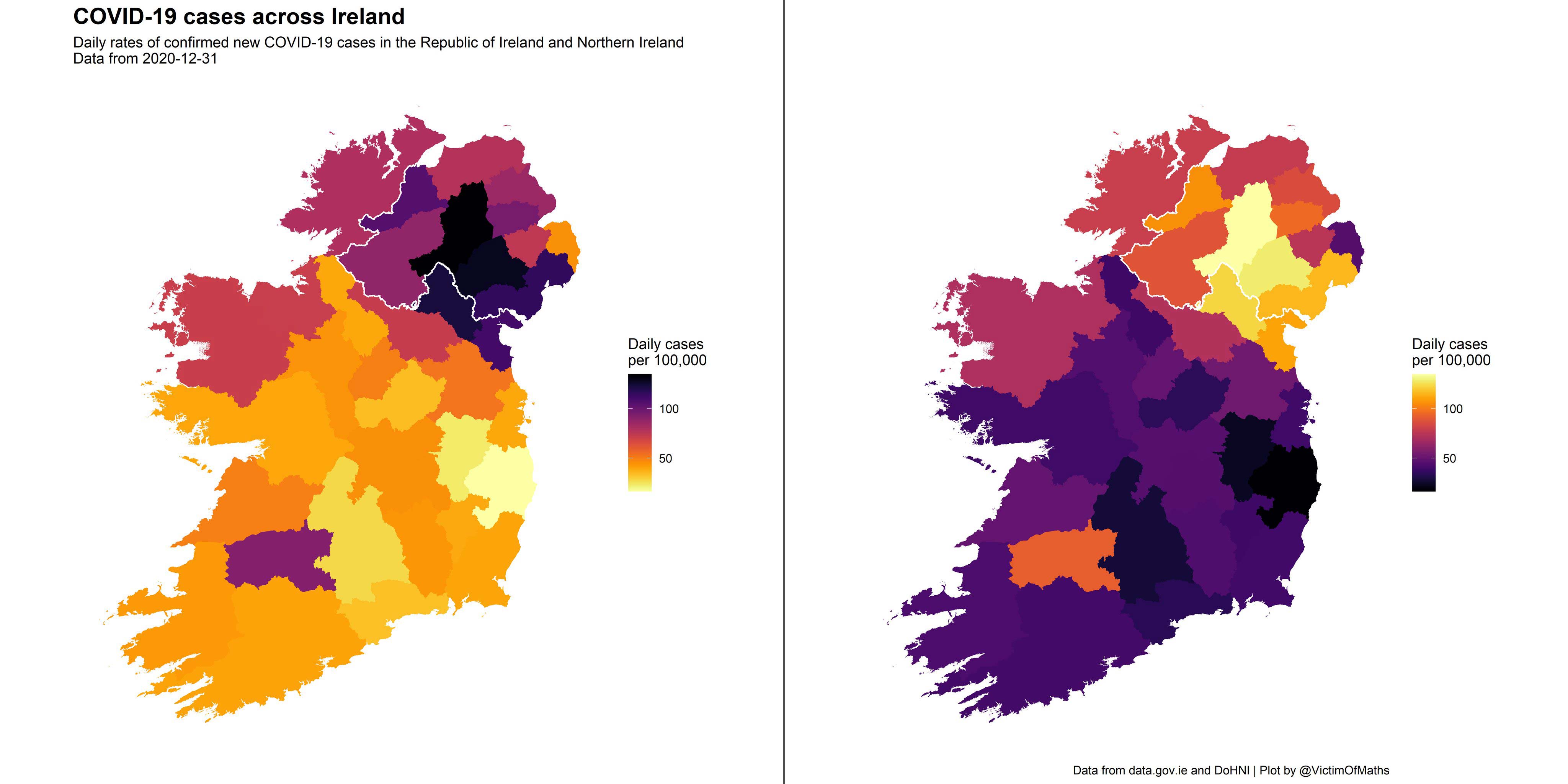 Two maps where colour encodes quantity. On one map dark indicates more, on the other light is more.