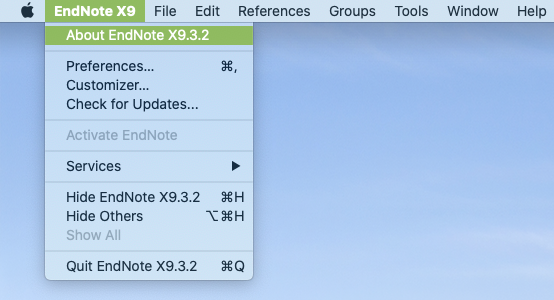 Screenshot of the menu inside EndNote for Mac