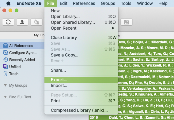 Skärmdump som visar hur du exporterar referenser i EndNote för Mac
