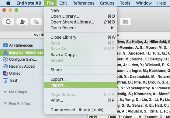 Screenshot of the menu inside EndNote for Mac