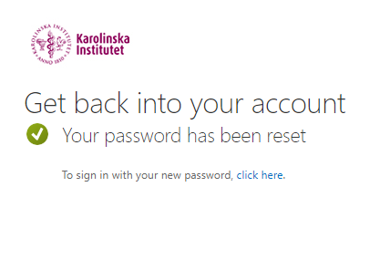Skärmdump av bekräftelse vid återställning av glömt lösenord via My account