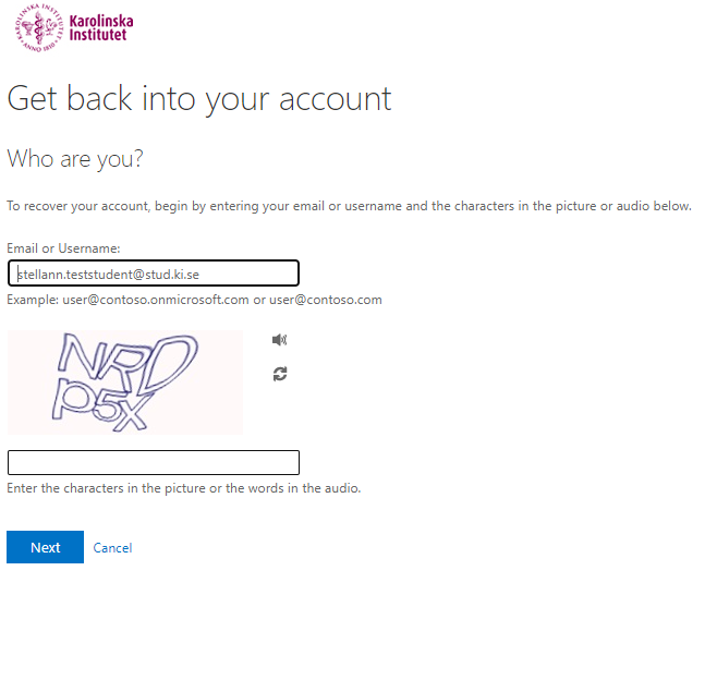 Skärmdump av förfrågan om att skriva in captcha vid återställning eller glömt lösenord via My account