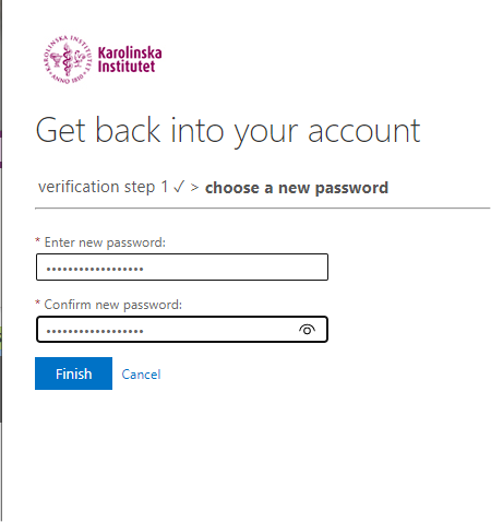 Screenshot of form for entering new password when resetting password via My account