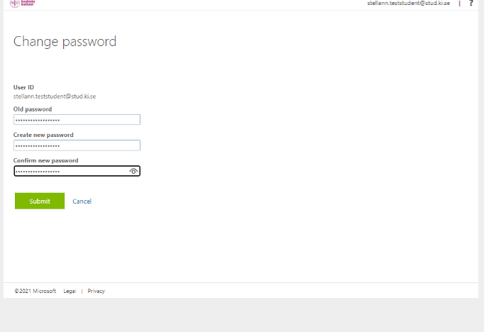 Skärmbild av formulär i Microsofts My account-inställningar där man skriver in sitt gamla och nya lösenord