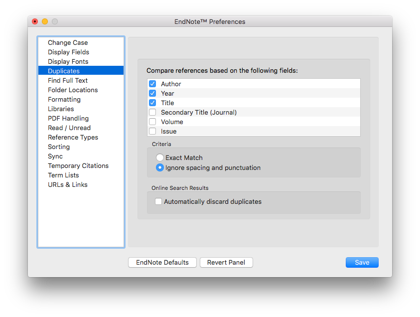 Screenshot of EndNote's settings menu for "Duplicates". 