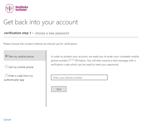 Screenshot of request to enter number code to reset password via My account