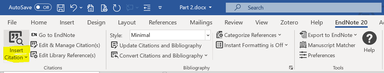 Endnote insert citations screenshot