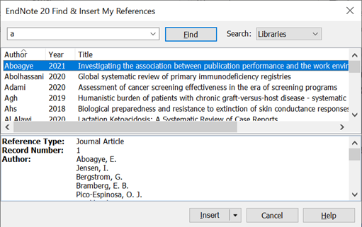 Endnote insert citations screenshot