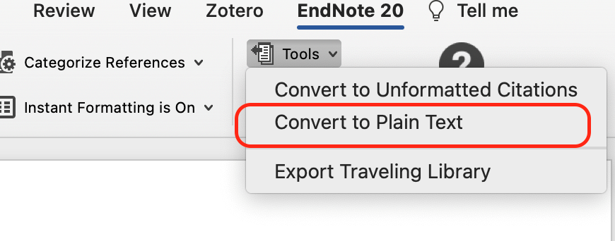 Endnote in Word Convert to Plain Text screenshot