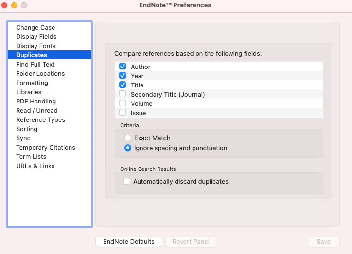 Endnote Preferences screenshot