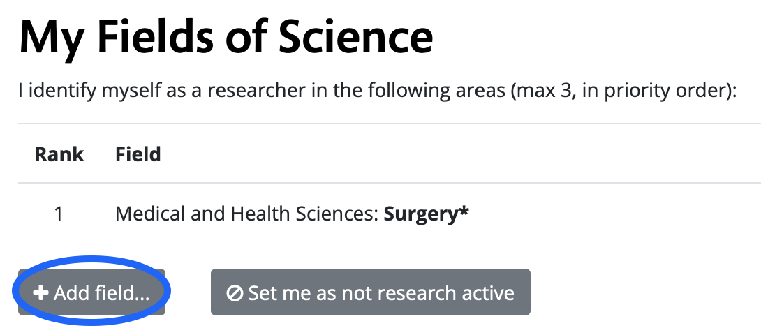 Bild på hur man lägger till field of science i Karolinska Bibliomterics 