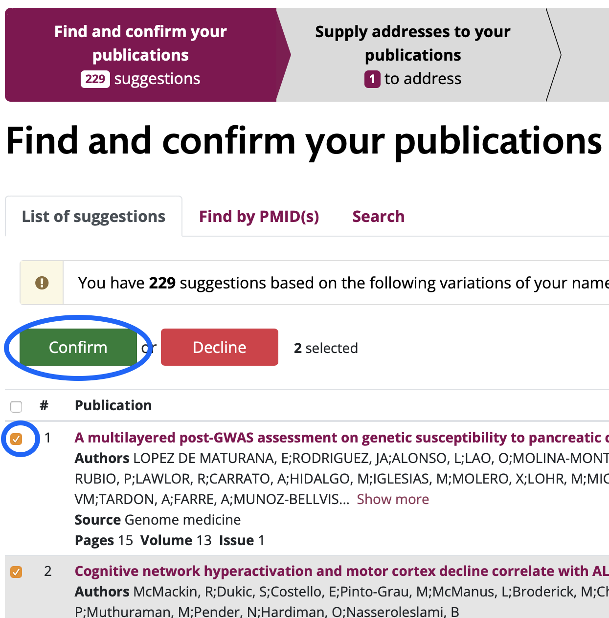 beskrivning av hur du veriferar publikationer i Karolinska Bibliometrics 