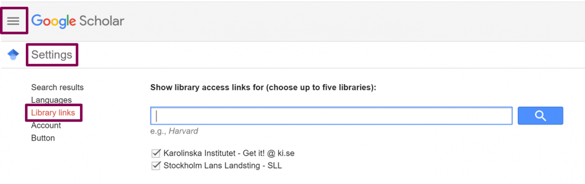 Google Scholar inställningar för bibliotekslänkar