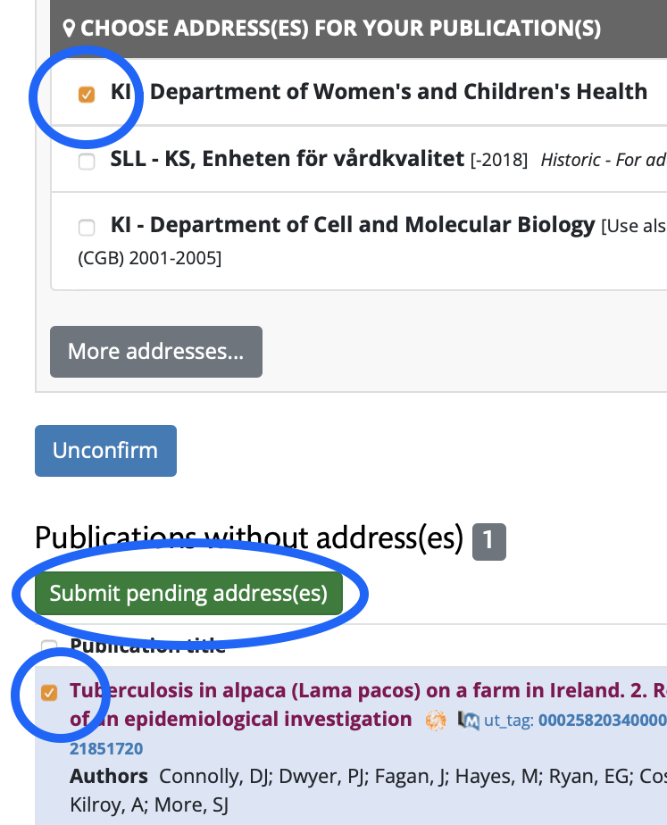 bild på hur man adresserar publikationer i Karolinska Bibliometrics 