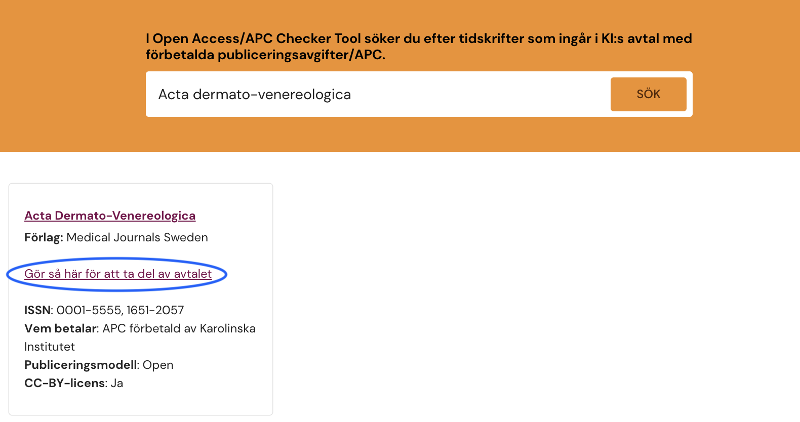 Skärmavbild från Open Acces/APC Checker Tool