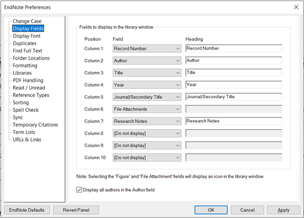 Endnote Display Fields