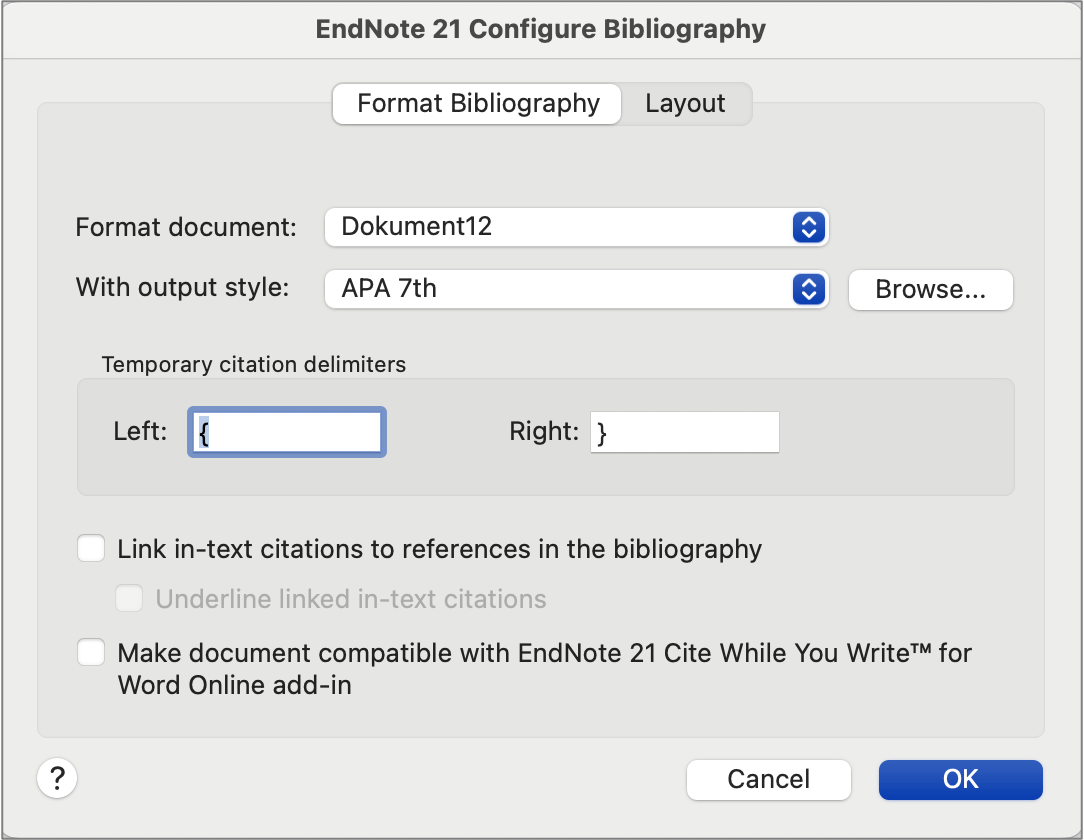 Configure Bibliography dialogue box screenshot