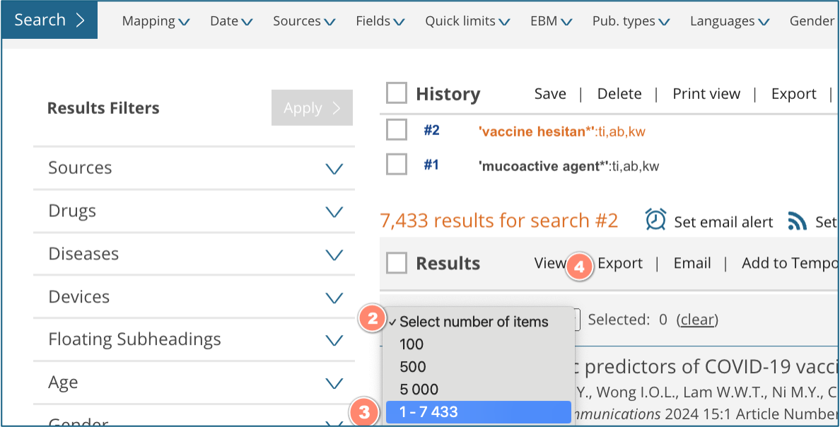 bulk export from embase screen shot