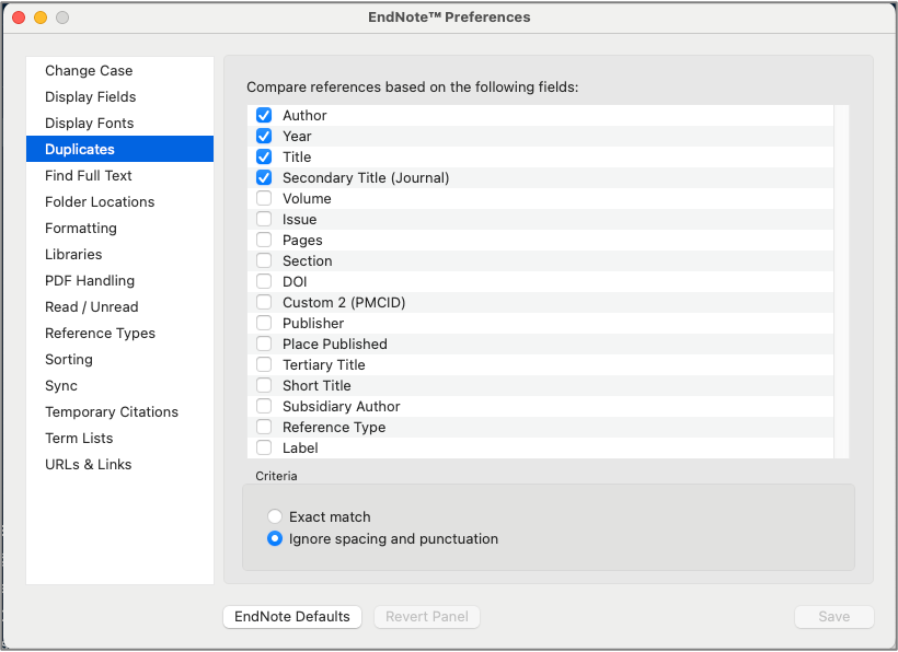 endnote preferences for duplicates 