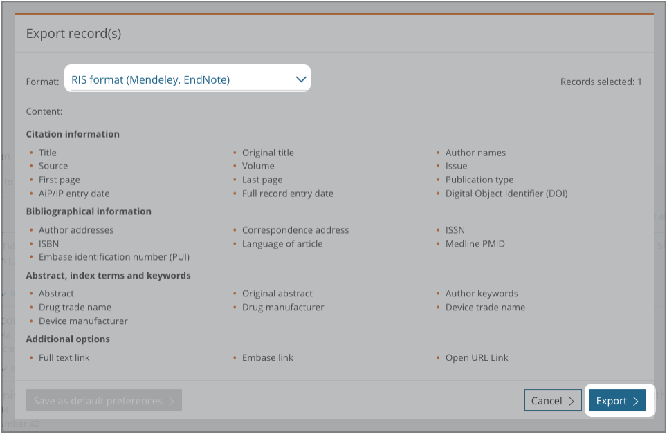 export results from embase