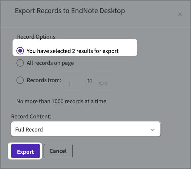 export options on web of science