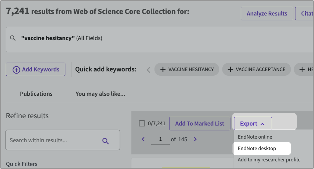 bulk export from web of science screen shot