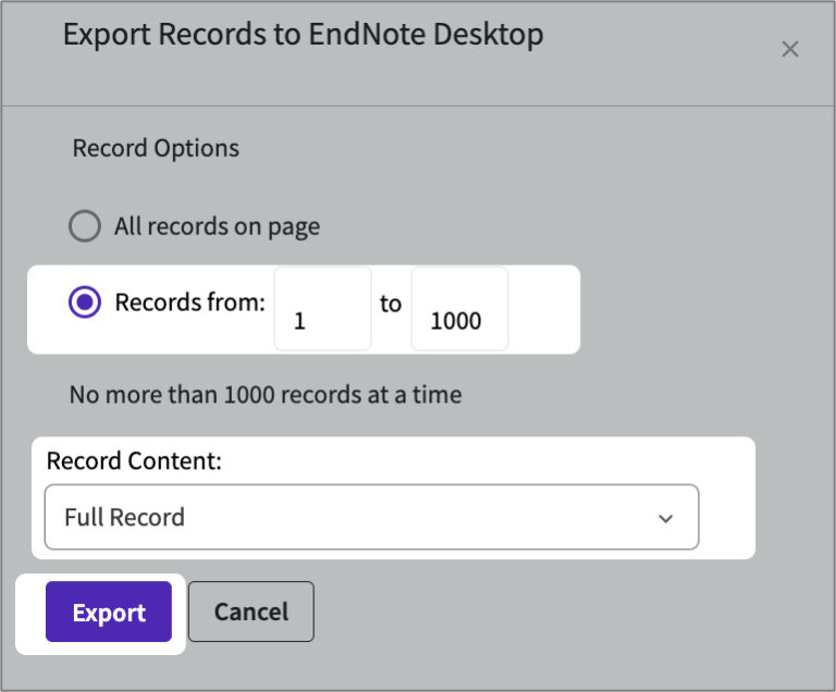 Export records to EndNote desktop screen shot