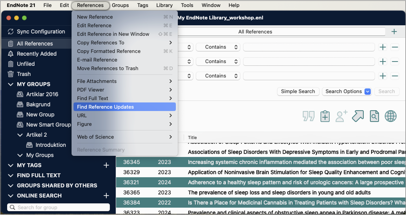 Find reference updates EndNote 21