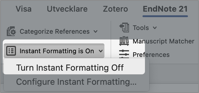Endnote Instant formatting Word screenshot